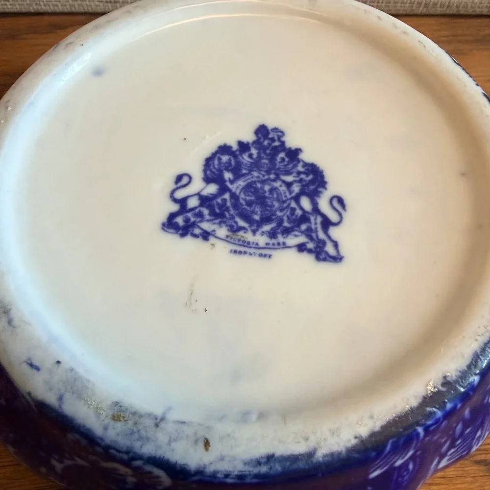 Victoria Ware Ironstone Flow Blue Style Juicer Reamer 2 Piece Set Floral 1990s